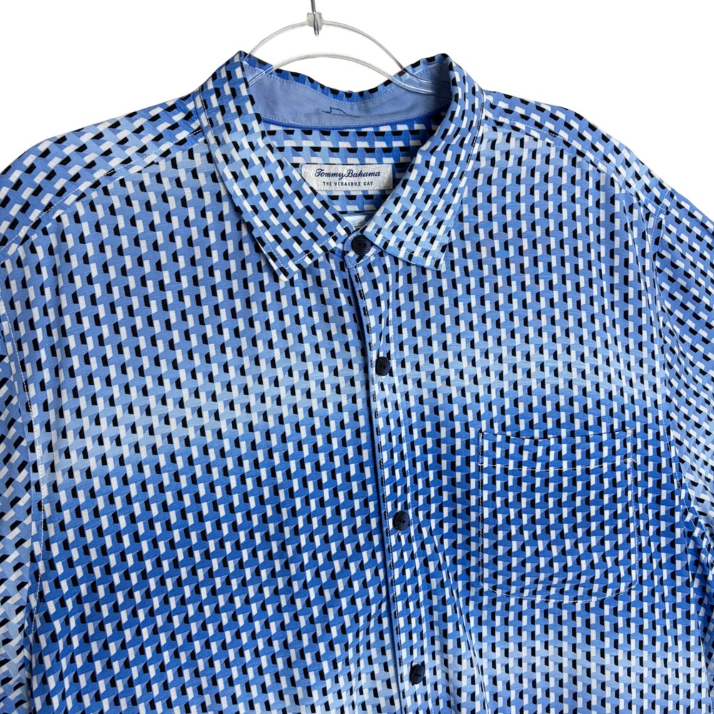 Tommy Bahama The Veracruz Cay Blue Geometric Viscose Button Down Shirt Vacation